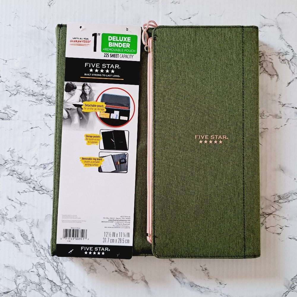 Five Star Deluxe Binder 1" Zipper 225 Sheet 12 1/2" x 11 1/4" Green Pink New